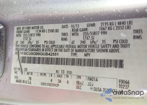 2016 Ford Escape Se z USA, uszkodzony, nr VIN 1FMCU9G99GUB42551